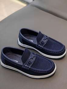 儿童乐福鞋，男女款休闲一脚蹬透气针织平底鞋，2025 年新款 - 藍色 - 查看 3