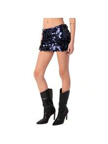 Falda mini con lentejuelas elástica y ajustada para mujer, falda brillante y brillante para salir de noche y fiestas - Neblina azul - Ver 4