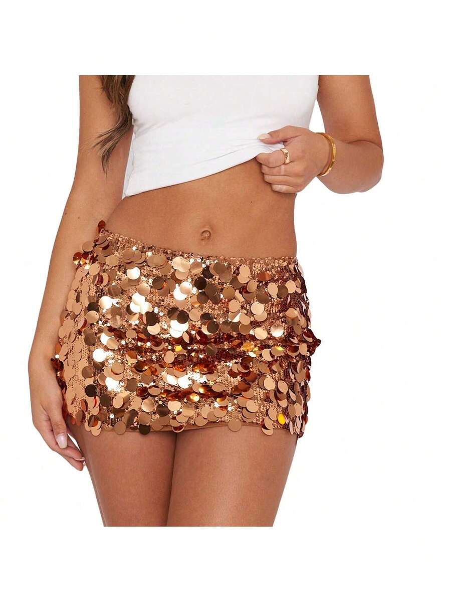 Sequin Skirt For Women Stretchy Bodycon Mini Skirts Sexy Sparkly Skirt Glitter Shiny Skirt Night Out Party - 金色 - 查看 1