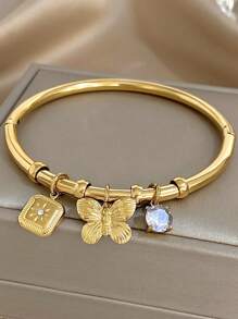 1 pieza Pulsera de brazalete con dije de mariposa adorable para mujeres, acero inoxidable apilable, joyería de diario y fiesta, regalo para el Día de la Madre