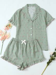 2pcs Women Floral Lace Trim Collared Short Sleeve Pocket Top And Shorts Pajama Set, Comfortable Home Wear For Spring/Summer