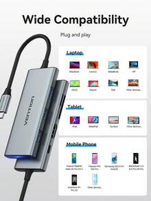 VENTION 7 合 1 USB C 集线器，USB-C 多端口适配器 USB 分配器 USB-C 转 HDMI 扩展坞 4K HDMI 7 端口 100W PD 快速充电 USB 3.0 5Gbps SD/TF 2-LUN 兼容 MacBook/iPad Pro/Surface Pro/笔记本电脑/Galaxy 手机/电脑
