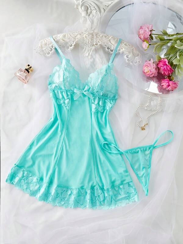 2pcs Plus Size Women Sexy Solid Color Contrast Lace Sleepwear Nightgown, V-Neck Backless Cami Lingerie Dress And Thong Set, Comfortable Loungewear