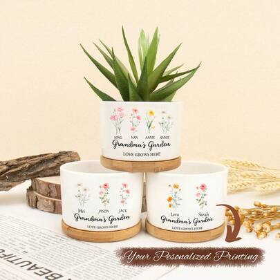 Maceta mini personalizada del jardín de la abuela, regalo para mamá, macetas personalizadas con la flor de nacimiento, regalos para la abuela, maceta para exteriores, regalo de cumpleaños, arte familiar. Abuela, mamá, nana, de los nietos, regalo del Día de la Madre, regalo de cumpleaños para ella, regalo para mamá, regalo para la abuela, regalo para ella, decoración del hogar y el jardín, maceta mini, maceta para plantas de la madre, maceta de cerámica personalizada, macetas con la flor de nacimiento, suministros de regalo de Navidad