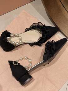 Woman's Fashionable Delicate Fairy Aesthetic Chunky Heel Pumps, New Spring/Summer Pearl Decor High Heel Shoes, French Mid-Hollow Pointed Toe Heels