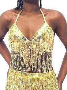 Costume da ballo del ventre con frange e paillettes, costume da cantante con schiena scoperta adatto per discoteca e bar