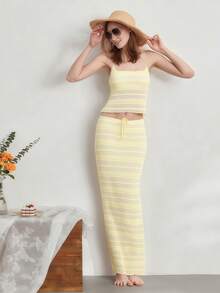 Women 2Pcs Summer Skirt Set Solid Color Backless Halter Tops And Drawstring Skirt Set For Streetwear Aesthetic Clothes - Yellow - View 3