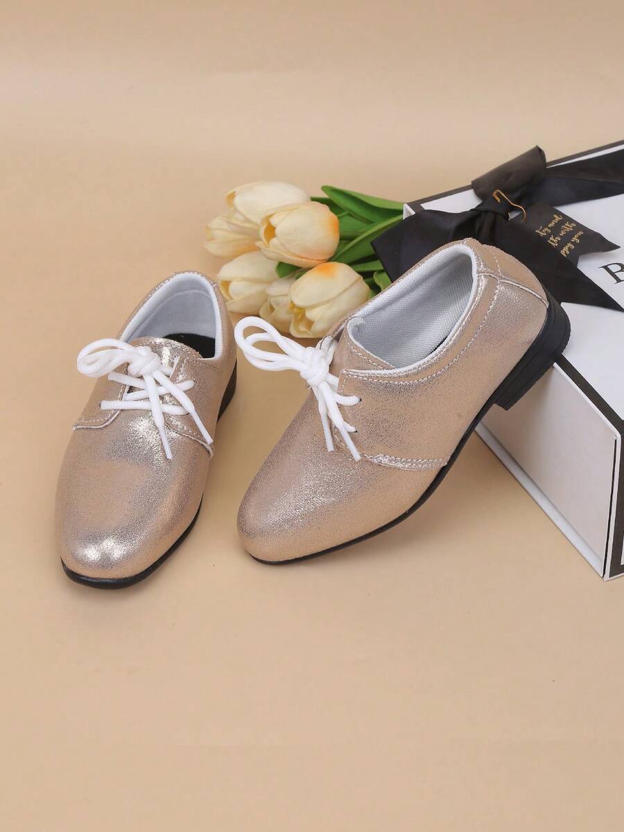 Kids Comfortable Slip-On Retro British Style Flat Leather Shoes - Champagne - View 1