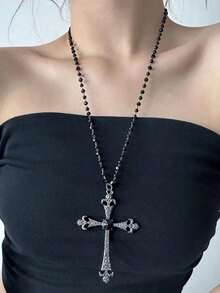 1pc Ascension Day Cross Crystal Beaded Necklace, Black Metal Material With Zirconia Inlaid, Goth Style Suitable For Women Daily Wear - Black - View 4