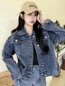 Women's Blue Collar Long Sleeve Loose Casual Denim Jacket And Coat, Autumn/Winter - Dark Wash - View 4