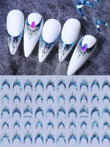 2片蓝色法式美甲流苏贴纸，3D全息法式美甲贴花，自粘指甲贴纸，适用于亚克力指甲，DIY美甲装饰用品