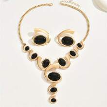 Juego de joyería de 3 piezas estilo bohemio clásico en forma de espiral de caracol, con rhinestones negros, collar en Y y aretes, de aleación, adecuado para uso diario y de fiesta
