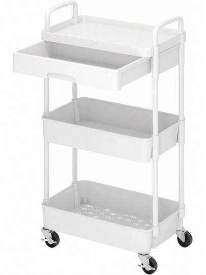 Carrito utilitario de 3 niveles con cajón, organizador de almacenamiento multifuncional con estante de plástico y ruedas de metal, carrito de almacenamiento para cocina, baño, sala de estar, oficina, color blanco
