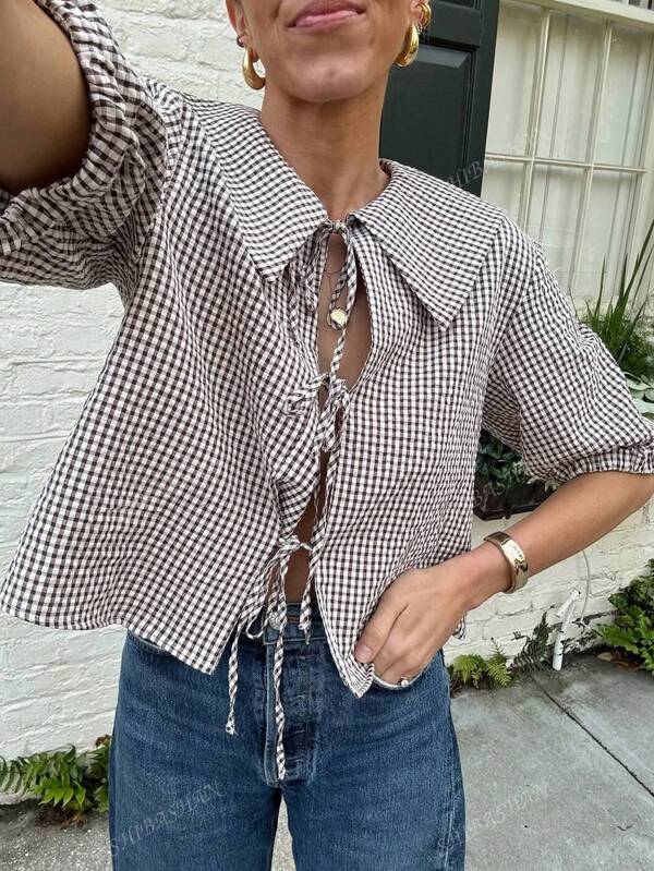 Women Casual Plaid Sailor Collar Shirt Summer Lace-Up Half Sleeves Tops Y2k Cute Babydoll Blouse