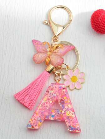 1 件花朵和英文字母钥匙扣 A-Z，女士包/汽车装饰吊坠，粉色蝴蝶和流苏简约设计，DIY 配饰，适合妈妈和朋友汽车配件包饰学校可爱哥特 Y2k 圣诞礼物创意包挂绳带身份证夹汽车配件包饰