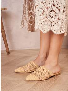 Women's Pointed Toe Mules In Modern Openwork Style For Summer – Chic Flat Slip-On Sandals - Beige - View 2