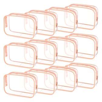 12Pcs Pink Summer Beach Bag Cosmetic Makeup Bags Set Clear PVC With Zipper Handle Portable Travel Luggage Pouch Airport Airline Vacation Organization,Holiday Essentials Travel Essentials Travel Accessories Graduation