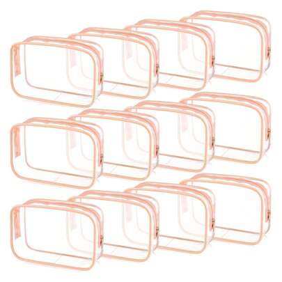 24/12pcs Pink Summer Beach Bag & Cosmetic Bag Set, Transparent PVC Material With Zipper And Handle, Portable Travel Luggage Bag, Airport Aviation Holiday Storage, Essential Travel Accessories For Graduation Season