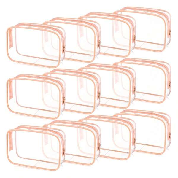 Set de 12 bolsas de playa de verano rosas, bolsas de cosméticos y maquillaje de PVC transparente con cremallera y asa, bolsa de viaje portátil, organizador para maleta de aerolínea, vacaciones, artículos esenciales de viaje, accesorios de viaje