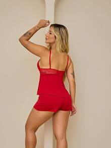 Baby Doll Sexy Short Doll Pajamas For Women With Lace Details Nightwear Night Line - Đỏ - Xem 3
