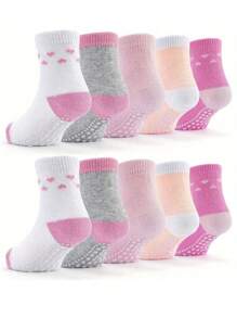 10pairs Children's Baby Girls Non-Slip Toddler Socks Heart Print Crew Socks
