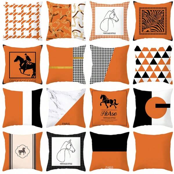 1PC/2PCS Orange Series Pillow Cover Horse To Success Zebra Marble Print Pillow Cover Decoration Sofa Living Room Bedroom Cushion Cover, One Side Print Does Not Contain Pillow Core
