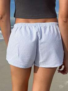 Women's Summer Stripe Print Tether Minimalist Everyday Shorts - Blue - View 5