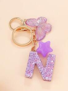 1 Pc Creative Key Chain With Letter Stone Resin Pendant, Butterfly Tassel Letter Keychain For Girl - Purple - View 10