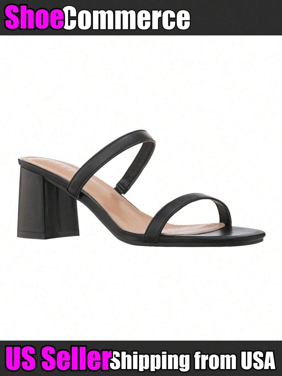 Women's Minimalist Chunky Heeled Mule Sandals Fashionable Elegant  Heeled Sandals Block Heel Square Toe Heeled Sandal Summer Shoes - 黑色 - 查看 1