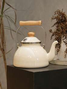 1pc Nordic Style Whistle Enamel Wood Handle Kettle, Multifunctional All-Season Durable High-Temperature Resistance Tea Pot, Coffee Pot, Cold Water Pot, Milk Tea Pot, Unbreakable Oil Pot, Highly Attractive Special Fireside Tea Pot, Fresh Home Desktop Decor, Special Drinkware For Birthday, Holiday Gathering, Outdoor Camping, Picnicking Portable Water Bottle - Whistling Kettle - View 8