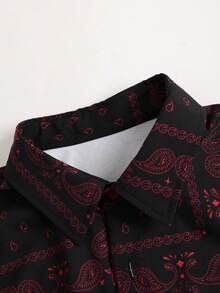 Men's Paisley Print Short Sleeve Shirt & Shorts Set With Single Breasted Button, Elastic Drawstring, Pockets - Red - View 6