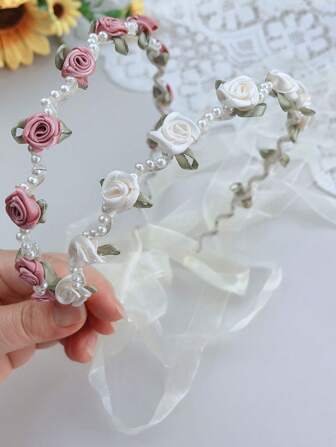 Rose Flower Headband, Scarf Ribbon Hair Tie, Summer Flowing Hair Hoop, Girls Daily Headwear Ponytail Hair Accessory