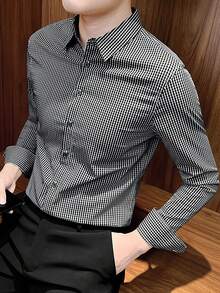 印花男士长袖衬衫，户外黑色格子衬衫，时尚衬衫外套，欧美风格，夏季 - 黑色 - 查看 3