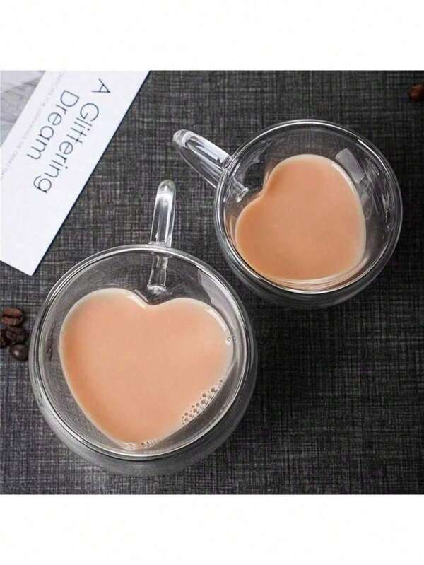 1 pieza Taza de café de vidrio con diseño en forma de corazón, vaso aislado de doble capa para jugo, taza de leche de borosilicato resistente con asa, taza de té