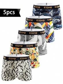 5 Stücke Herren Basic nahtlose Boxershorts mit Graffiti-Muster, Geschenk für den Sommer