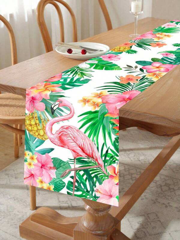 1Pc Hawaiian Flamingo And Floral Tropical Theme Table Runner,180*35cm Polyester Table Cover,Hawaii Tropical Party Supplies,Flamingo Party Table Decor,Summer Beach Party Supplies,Hawaiian Theme Birthday Party Decoration,Aloha Party Table Decor,Summer Decor,Home Decor,Kitchen Decor,Holiday Celebration Supplies