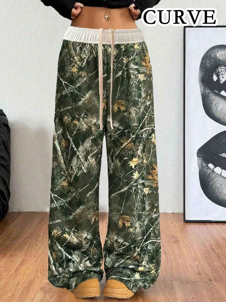 Plus Spring/Summer Women's Printed Loose Camouflage Splicing Front Strap Wide Leg Pants - Dark Green - View 1