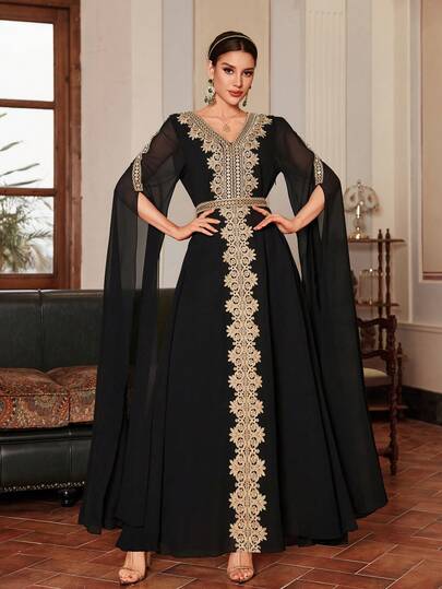 Kexmon Women's V-Neck Black Heavy Embroidered Elegant Long Sleeve Long Arabic Style Dress