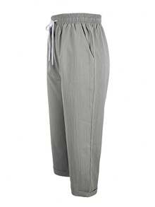 Calças Capri Casuais Femininas de Cor Sólida com Bolsos e Cordão - Cinza - Visão 3