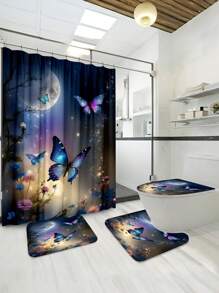 1/4 Pcs Butterfly Printed Bathroom Shower Curtain Set, Fashion Bathroom Decoration, Waterproof Fabric Shower Curtain Set With 12 Hooks, Anti-Slip Bathroom Mat, U-Shaped Toilet Seat Cover Bathroom Accessories
