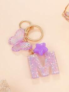 1 Pc Creative Key Chain With Letter Stone Resin Pendant, Butterfly Tassel Letter Keychain For Girl - Purple - View 13