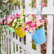 Conjunto de vasos de flores de ferro metálico com 7 peças, inclui 5 vasos de flores de metal, 5 etiquetas de plástico e 1 kit de ferramentas de transplante, para jardim de varanda, vasos de plantas com ganchos removíveis