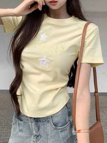 Áo kiểu ôm sát cổ tròn thêu họa tiết dành cho nữ, thích hợp mặc mùa hè. - Màu be - Xem 2