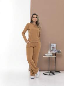 Casual Sweatshirt Set Of Blouse And Pants C3111 - 駝色 - 查看 3