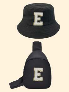 2件套可爱字母A-Z婴儿渔夫帽和包包，男女童儿童遮阳帽，户外儿童巴拿马帽，服装配饰 - 黑色 - 查看 7