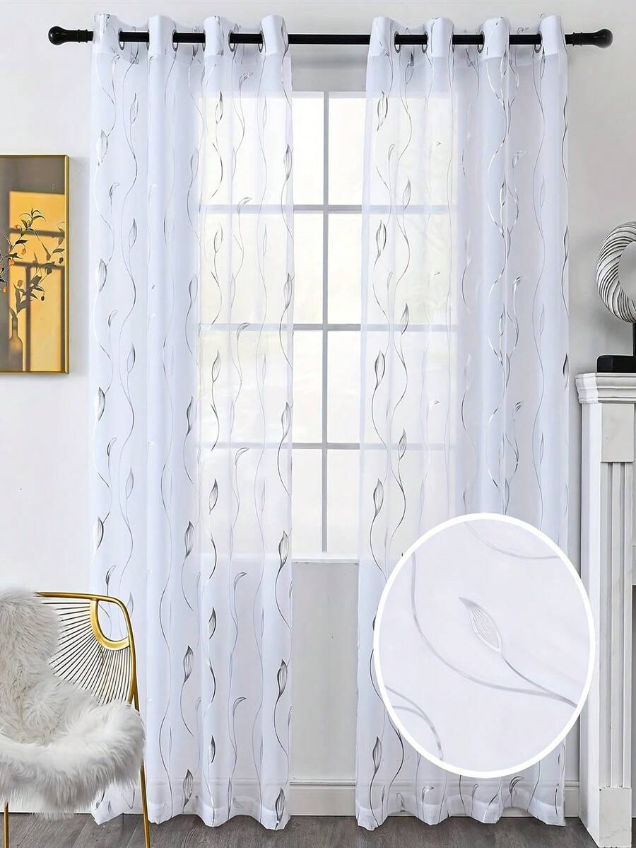 1pc White Translucent Window Sheer With Gold Foil Decoration For Living Room And Bedroom