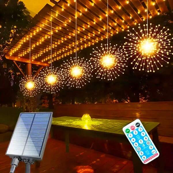 1-To-4 Solar Powered Remote Control Fairy String Lights, Fireworks Lights, Tent Atmosphere Lights, Dandelion Hanging Copper Wire Lights