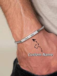 Customized Engraved Stainless Steel Men's Curved Name Bracelet, 19+5cm Personalized Name Bracelet, Gift For Boyfriend, Couple Customized Name Bracelet, Laser Engraved Name Bracelet Unisex, Curved Faux Pearl Chain Bracelet, Father's Day Personalized Name Gift, Dad Bracelet,Jewelry & Watches,Season Picks,Elegant Outfit - Silver - View 2