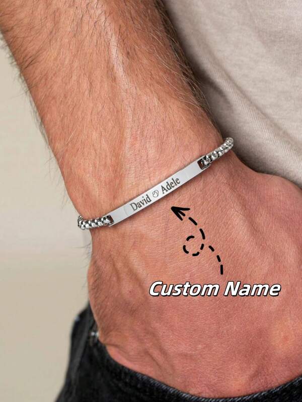 Customized Stainless Steel Engraved Curved Nameplate Bracelet, 19+5cm Personalized Name Bracelet, Unique Name Gift For Boyfriend, Couple Customized Name Laser Engraved Bracelet, Curved Pearl Chain Nameplate Bracelet, Personalized Gift For Father's Day, Dad Bracelet