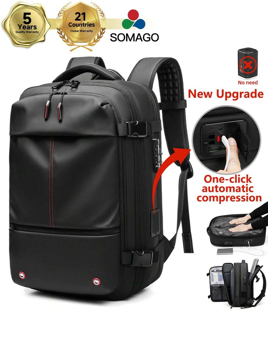 Somago Vacpack Backpack, One-Click Automatic Compression, 60L Expandable Backpack With TSA Lock, Laptop Backpack Fit For 17 Inch Laptop, Anti Theft Travel Vacuum Backpack Water Resistant Space Saver Backpack, Black - 黑色 - 查看 1